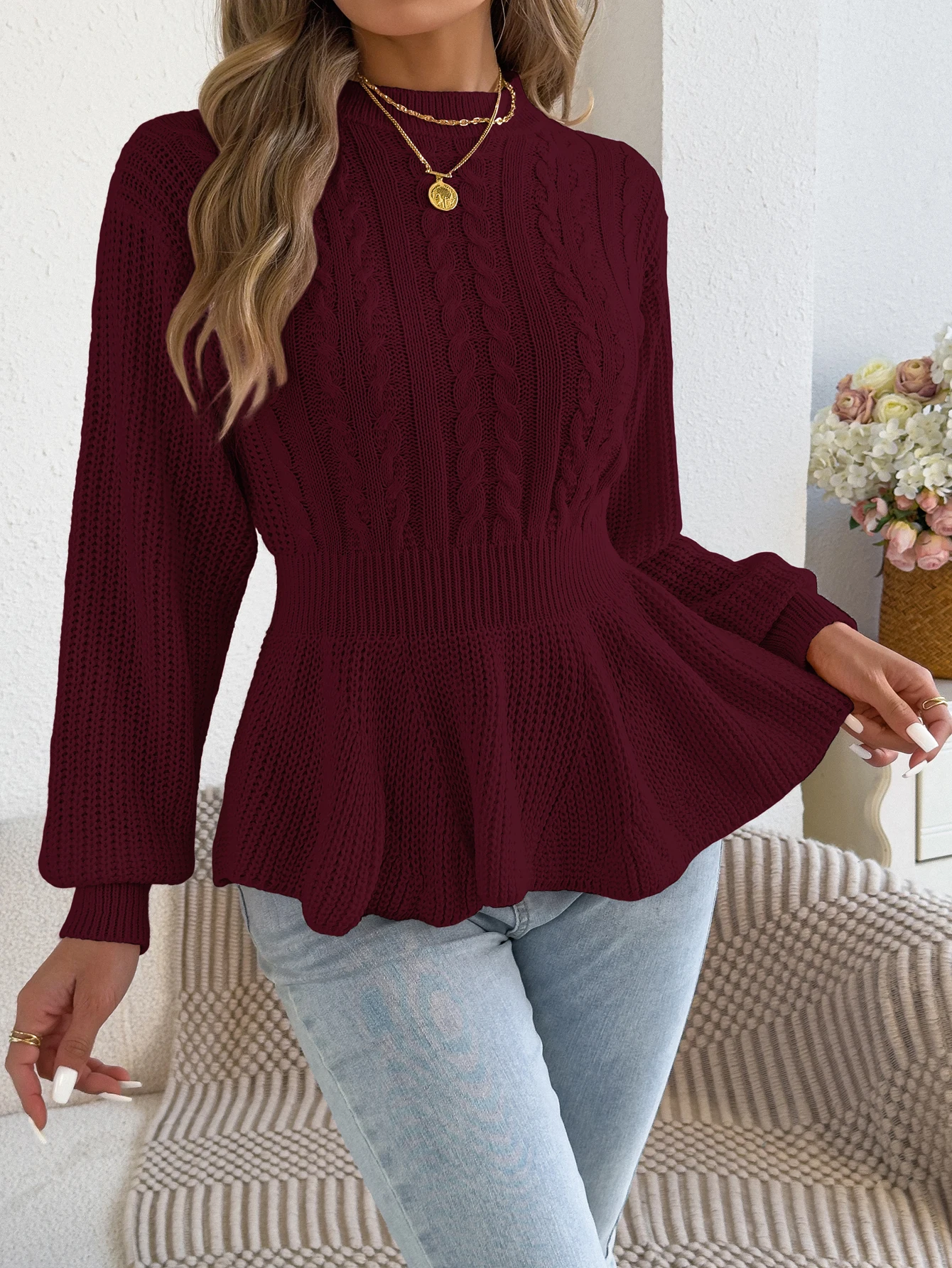 Elegant Round Neck Lantern Long Sleeve Ruffle Cable Knitted Sweater Pullover for Autumn Winter Casual Red Black Women Clothes