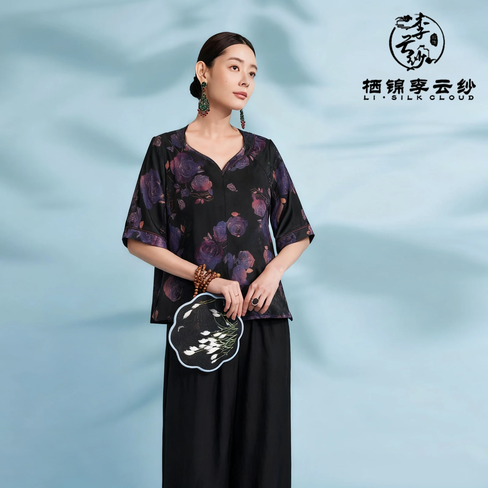 

LI SILK CLOUD Xiangyunsha Short Sleeve Top - 100% Mulberry Silk, Chinese Style Retro Prints, Classic Oriental Design
