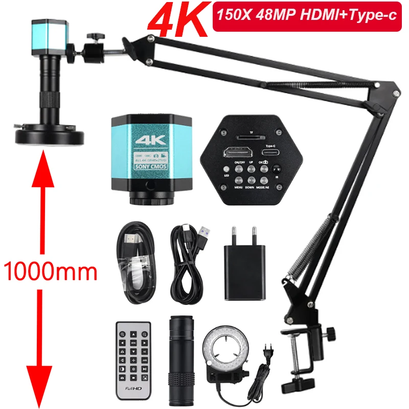 Microscópio Industrial com Lente C-mount Câmera Digital Hdmi Usb-c Vga Medição para Pcb Solda Faça Você Mesmo 1080p 4k hd 150x 48mp 13mp