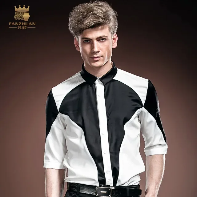 

FANZHUAN Free shipping New Featured Brands Designer Black&White Contrast Slim Korean Summer half Sleeved Men's male Shirt 14331