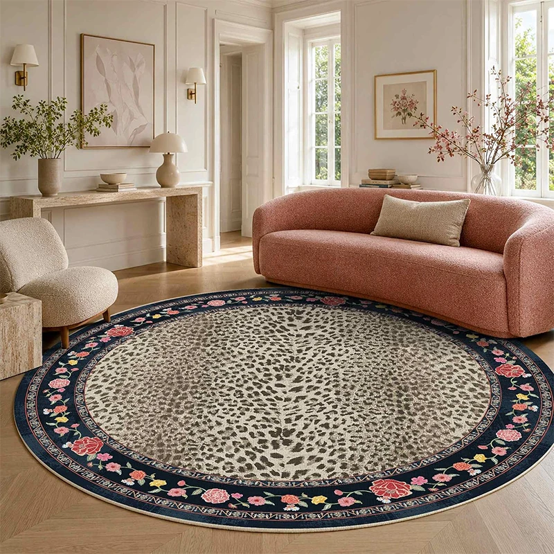 Living Room Carpet Soft Comfortable Bedroom Rug Non-slip Machine Washable Pink Round Leopard-print Floor Mat Home Decor Rugs