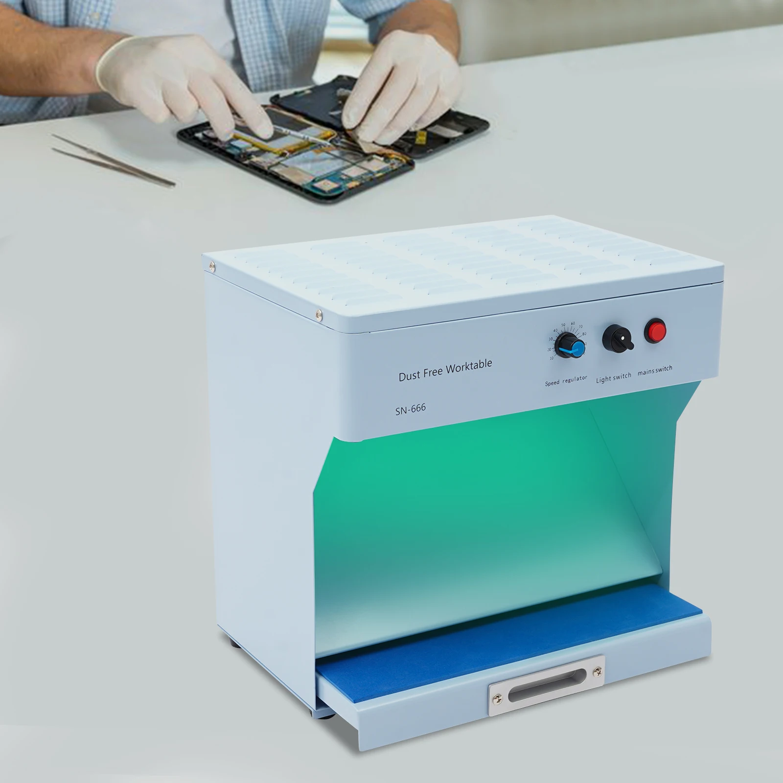 Estação de trabalho de chapa metálica de banco limpo de fluxo de ar, estação de trabalho retangular azul bebê 110V sem poeira para reparo de telefone LCD