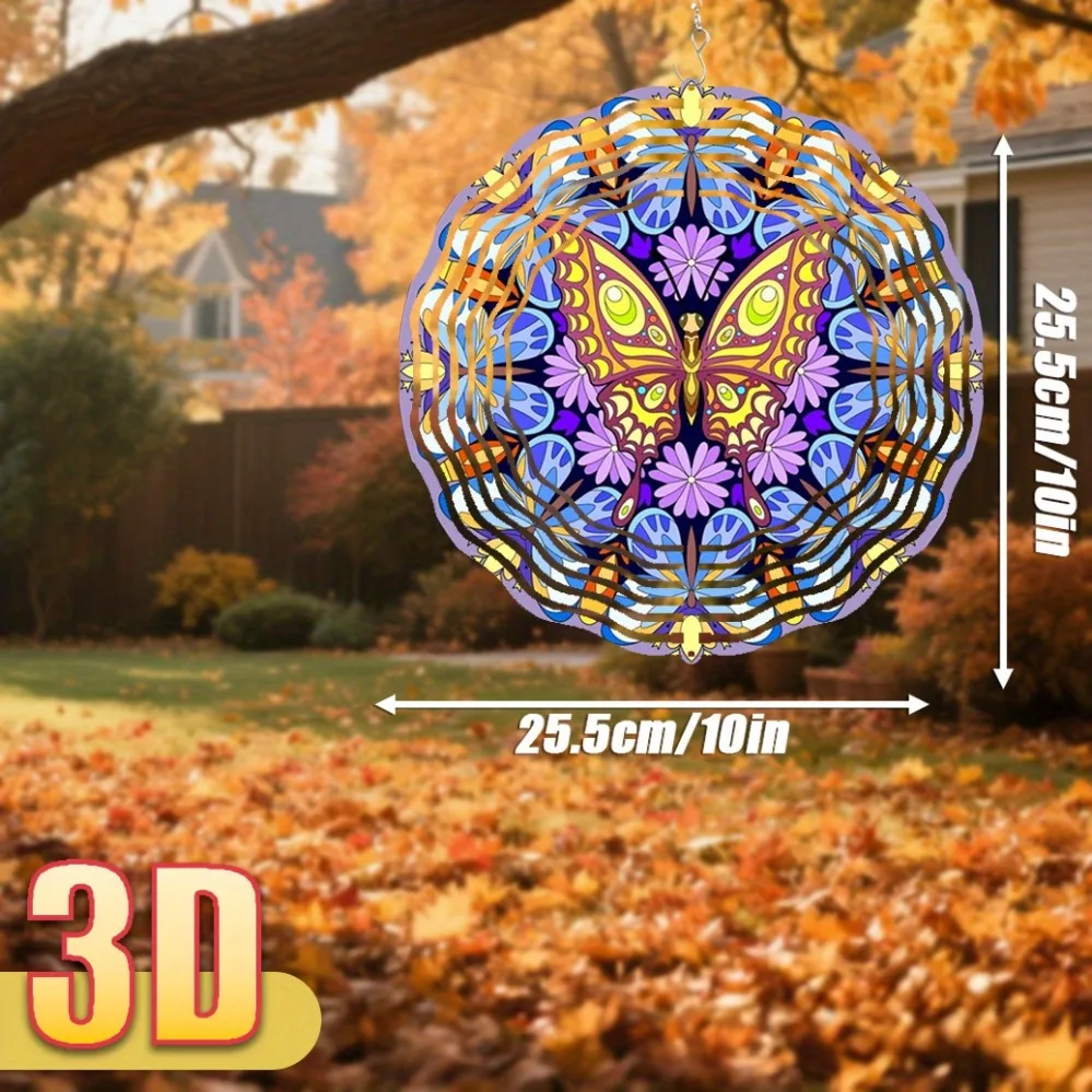 1 Stück bunter Mandala-Schmetterlingsblumen-360-Grad-Druck °   Drehender Windspinner, 25,5cm Metall-Gartenhaken-Dekoration
