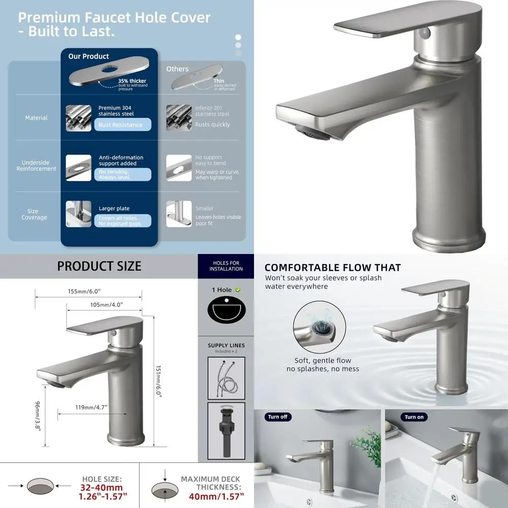 

Modern Single Handle Brushed Nickel Bathroom Faucet with Pop-Up Drain for 1 or 3 Hole Vanity Sinks