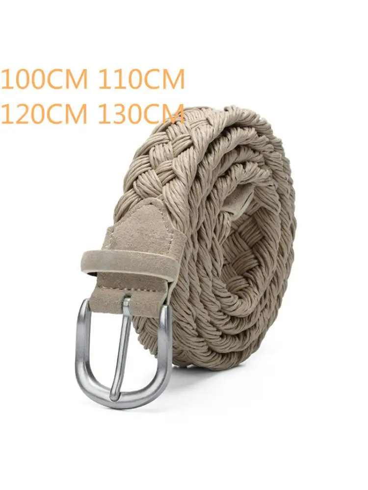 

Beige Without Holes Men Belt Suede Leather Knitted Wax Rope Braided Antique Silver Buckle Cotton Weave Belts Handwork 100 130CM