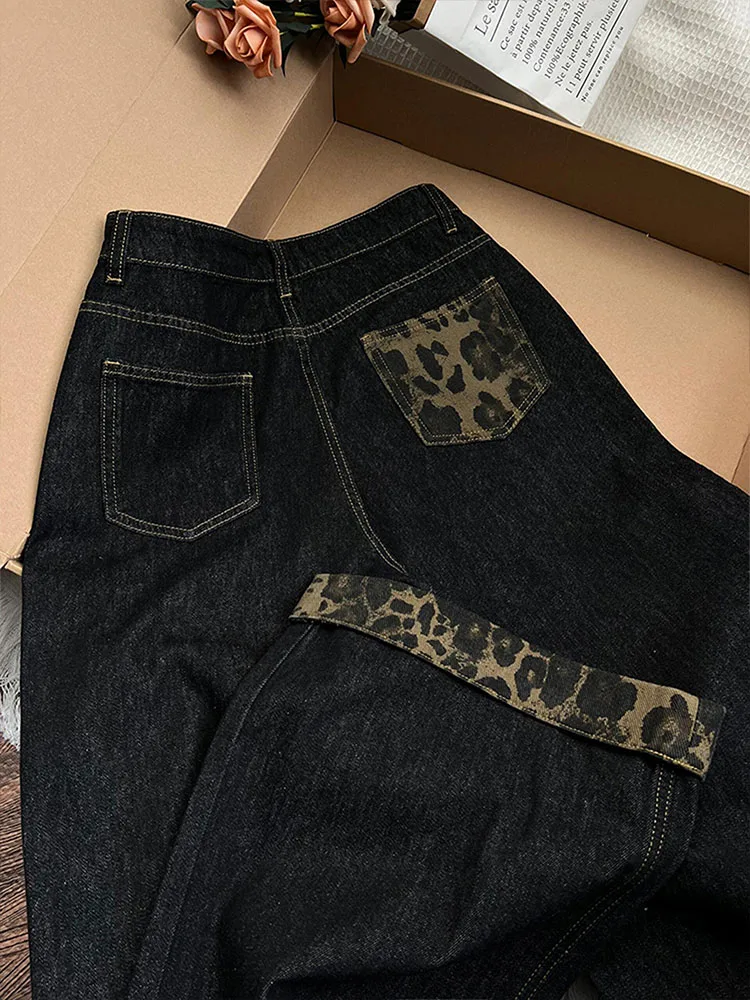 العصرية بلا ليوبارد طباعة واسعة الساق الجينز المرأة عادية عالية الخصر الدنيم السراويل ربيع الخريف حجم كبير طالب الطابق طول