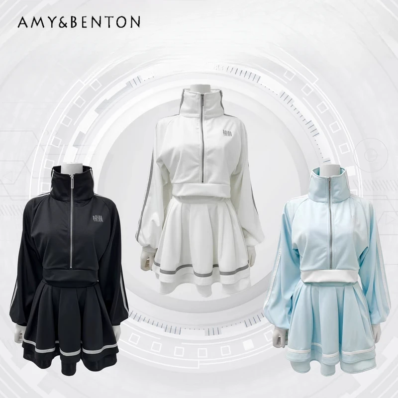 اليابانية Harajuku الحلو فتاة باردة الوقوف طوق سترة قصيرة وتنورة مطوي قطعتين مجموعة المرأة القوطية ثقافة فرعية الموضة