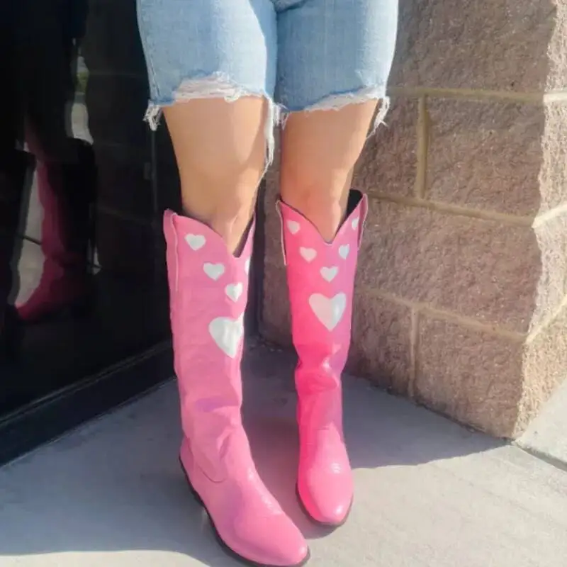 Fashion Pink Love Heart Knee High Boots Women Western Boots Pointed Toe Slip-On Chunky Heels Cowboy Boots Female