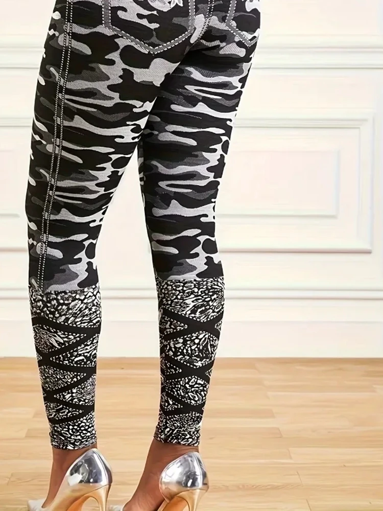 Plus Size 1XL-5XL Women\'s Casual Leggings Ladies Fashioon Printed Elastic High Waisted Slim Fit Leggings