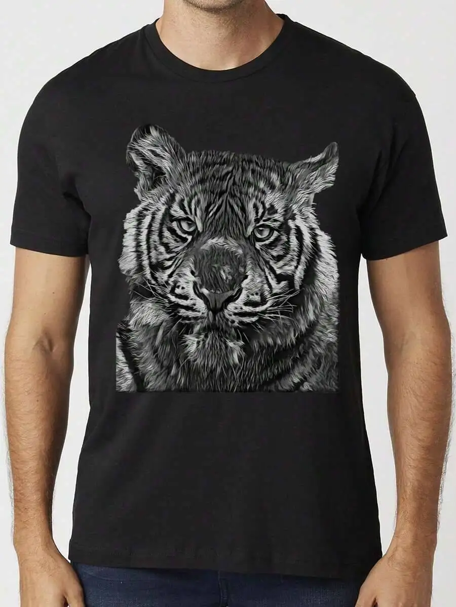 Black White Tiger Illustration, Summer T- Shirt, Long- Lasting Color Retention, Grafict Tees, And Comfortable For Walking Your