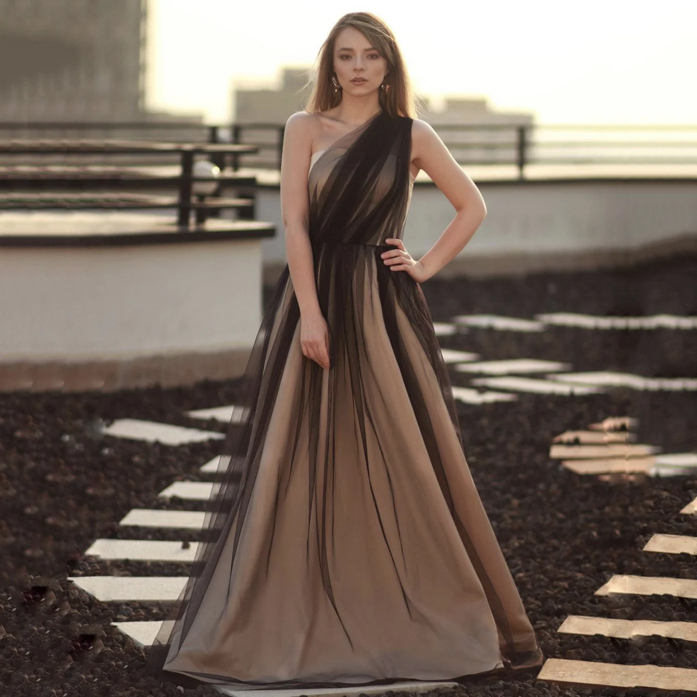 Black Illusion Tulle Formal Evening Dress A-Line One Shoulder Pleat Floor-Length  Simple Party Prom Gown New 2023 Women Gowns