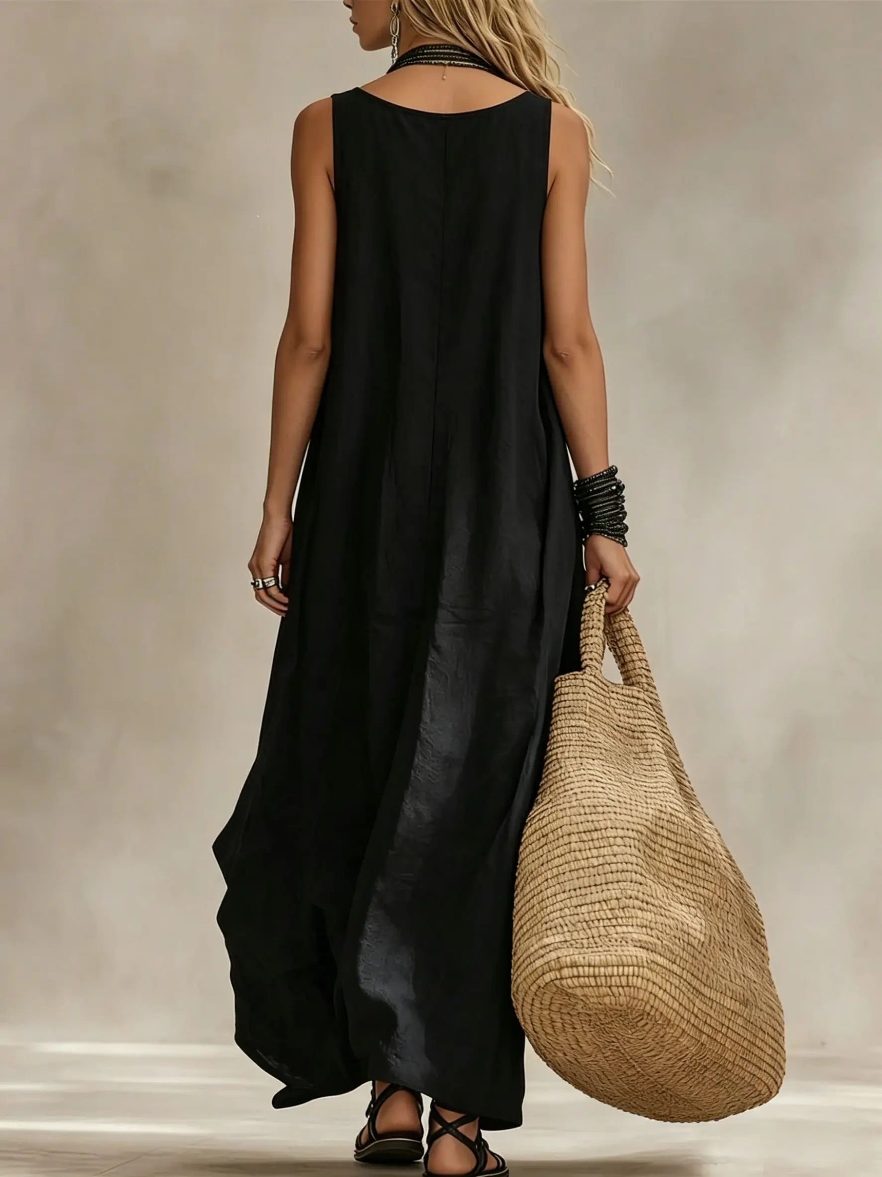 Damen Fließendes Ärmelloses Langes Kleid Lässiger U-Ausschnitt Locker Sitzendes Maxikleid Vielseitiges Sommer-Urlaubs-Party-Pendler-Outfit – Detail 11