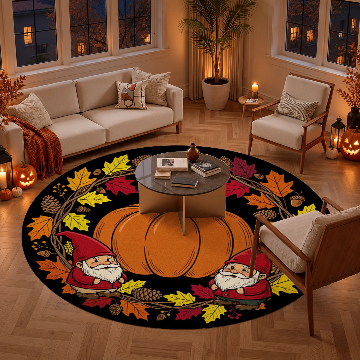 Autumn Gnome Pumpkin Wreath Round Velvet Area Rug, Machine Washable Cozy Floor Mat, Stable Positioning, Suitable for Living Room Entryway Dining Room Kitchen, Halloween Thanksgiving Christmas New Year Home Decor