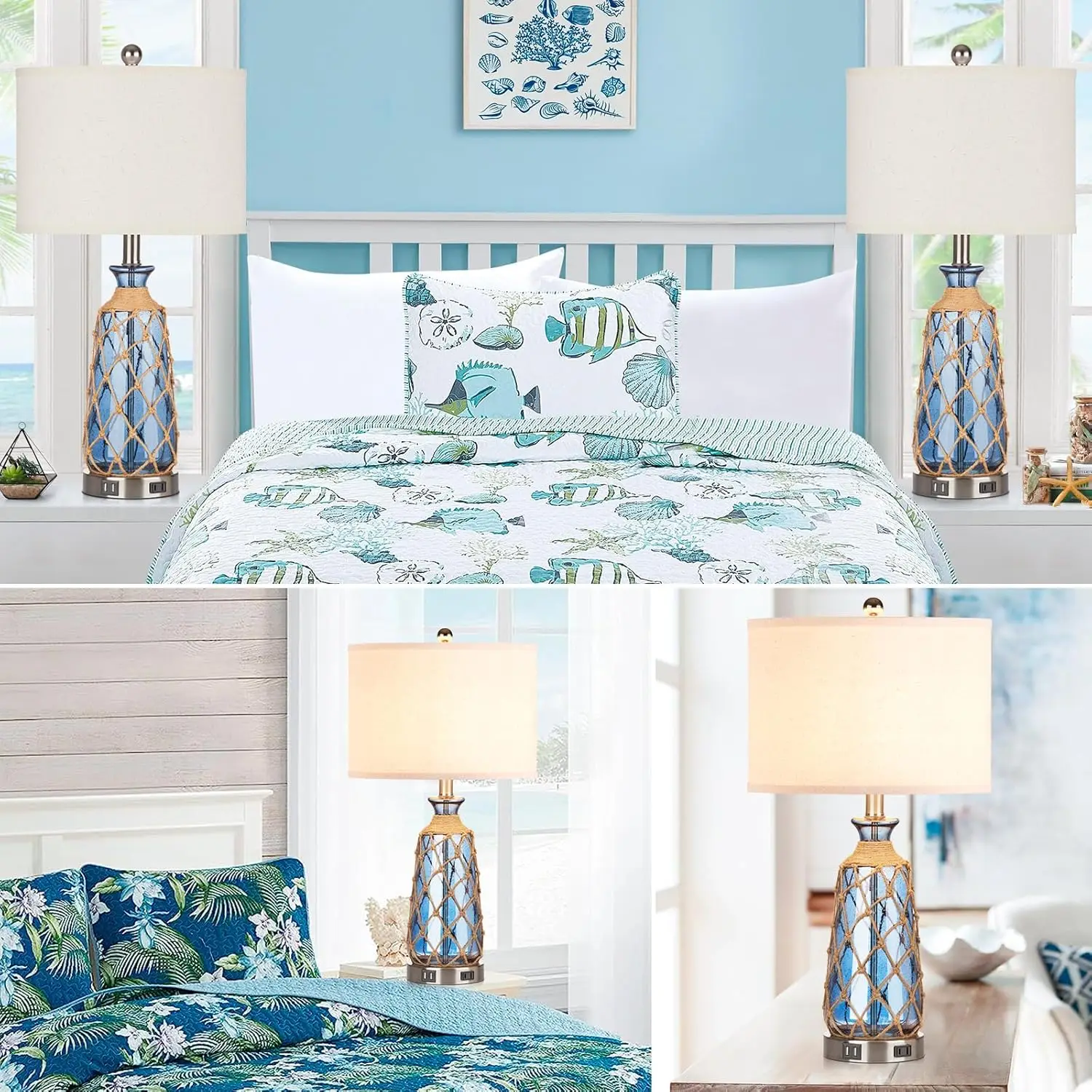 โคมไฟข้างเตียงแบบกระจกสไตล์ชายฝั่ง, ควบคุมการหรี่แสงได้ 3 ระดับด้วยระบบสัมผัส พร้อมพอร์ต USB และเต้ารับไฟฟ้า, โคมไฟตั้งโต๊ะ LED สีน้ำเงินสไตล์ทะเลสำหรับ