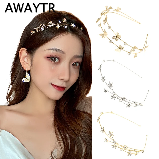 AWAYTR Chic Rhinestone Star opaska dla kobiet Party opaska do włosów wielowarstwowa perła motylkowa obręcz do włosów Bezel dziewczęce akcesoria do włosów