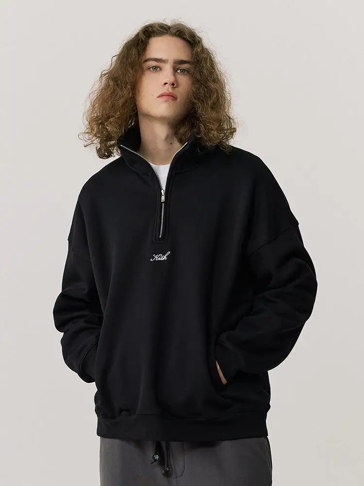 KITH American Style Fleece Lined Hoodie Half Zip Autumn Winter Jacket Unisex Heavyweight Couple Outfit Hooded Sweatshirt