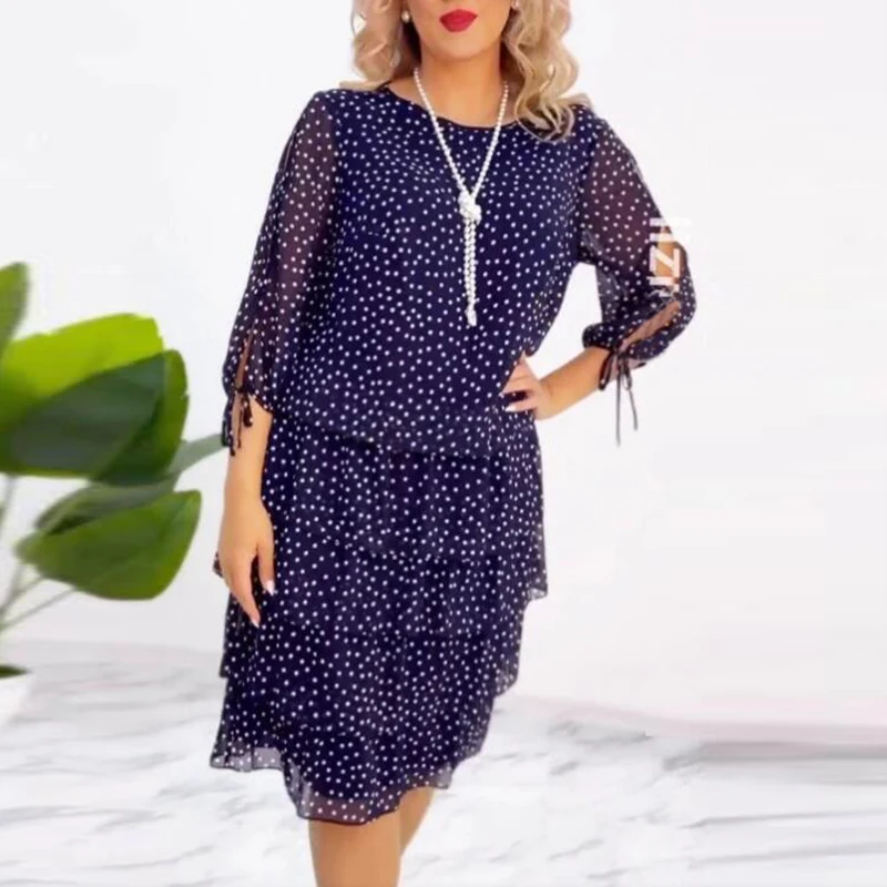Plus Size Women Dress Short Sleeve Dot Printed Loose Party Dress Women Casual Pleated Design Holiday Summer Midi Dress