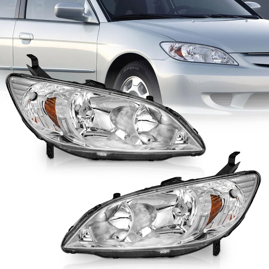 

For 20042005 Honda Civic 2 4 Door Headlights Assembly Replacement Pair Headlamp Replacement with Chrome Housing and Amber Refle