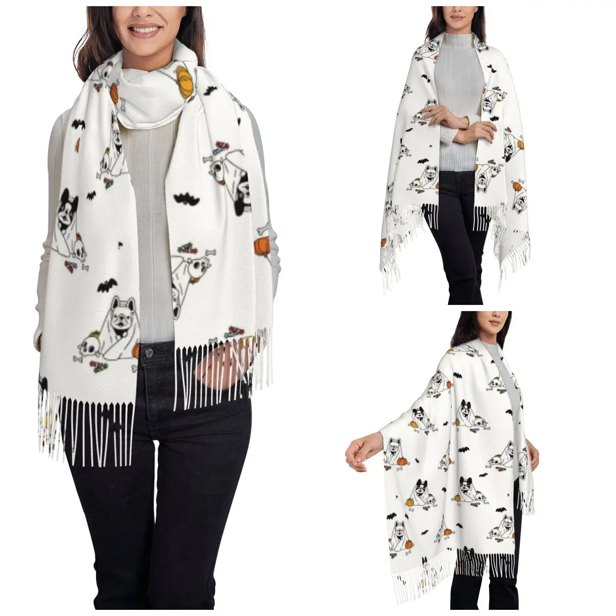 Halloween Bulldog Dog Scarf for Women Winter Warm Pashmina Shawl Wrap Pumpkin Skull Single-sided Pattern Shawl Scarf Ladies