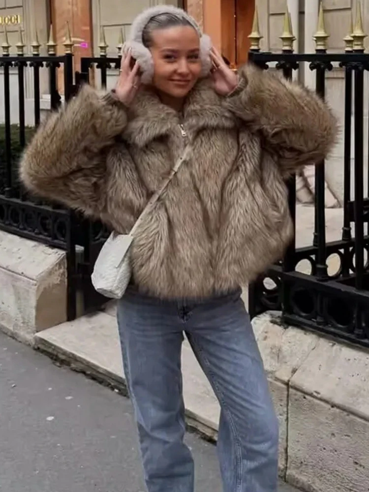 Trendix المرأة الشتاء فو الفراء معطف موضة التلبيب المرقعة سحاب أكمام طويلة سترة معاطف الشارع ملابس خارجية فضفاضة دافئة غير رسمية