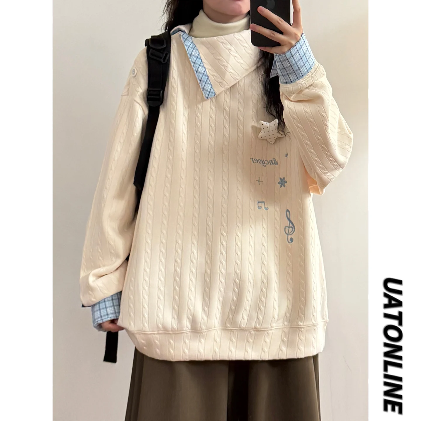UATONLINE Korean Style Loose Fit Women's Sweatshirt with Plaid Patchwork Sleeve Caps And Slanted Collar Long Sleeve Autumn Top
