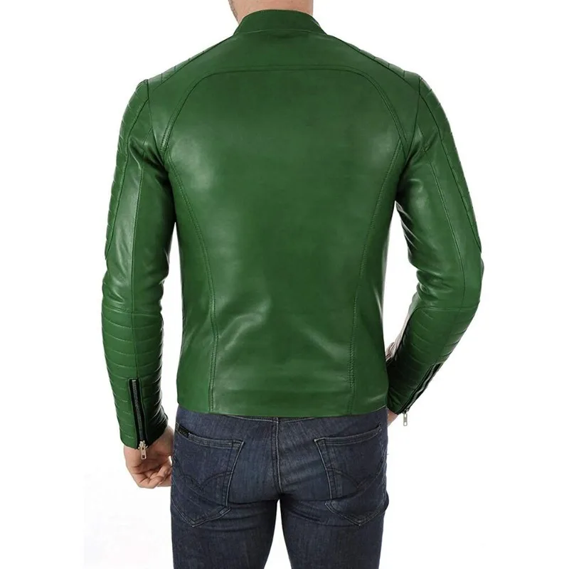 Men's NEW Fashion Style Genuine Sheepskin Pure Leather Jacket Quilted Green Soft