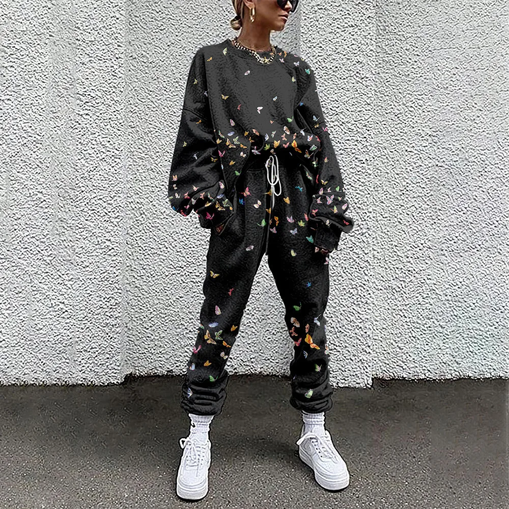 Women\'s Casual Long Sleeve Butterfly Print Tracksuit Sport Suits Spring Autumn Sweatshirts and Long Pant Two Pieces Set