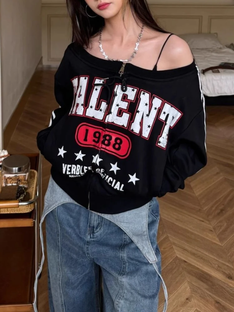 E-girl um ombro y2k recortado zíper cardigan estilo americano vinatge magro topo feminino monograma listrado webbing moletom 2000s