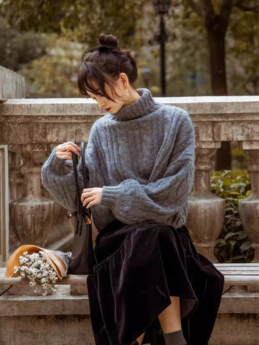 Suéter de punto con cuello alto y forro polar ueso para mujer, Top de manga larga de estilo Vintage cálido y hoado para o...