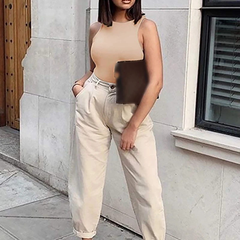 Women Summer Sleeveless Round Neck Bodycon Bodysuit Basic Plain Solid Color Racerback Cut Leotard Top 90s Seamless Skinny Thong