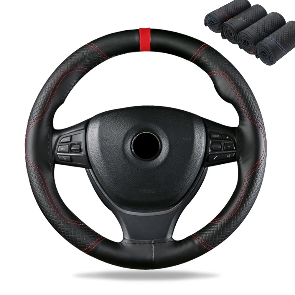 38cm Top Genuine Leather Car Steering Wheel Braid Cover Breathable Design Anti-Slip Embossing Car-styling With Needles Thread