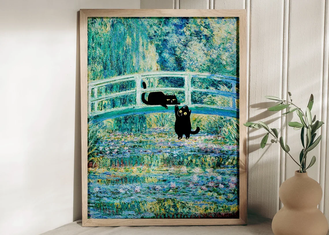 Bridge over a Pond of Waterlilies Cat Print, Claude Monet Poster, Cat Art, Animal Poster, Wall Art, Poster Gift Idea, Wall A