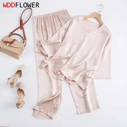 Women 100% Pure Mulberry Silk Charmeuse Silk V Neck Pajama Set Casual Loose Sleepwear Nightwear L XL SQ001