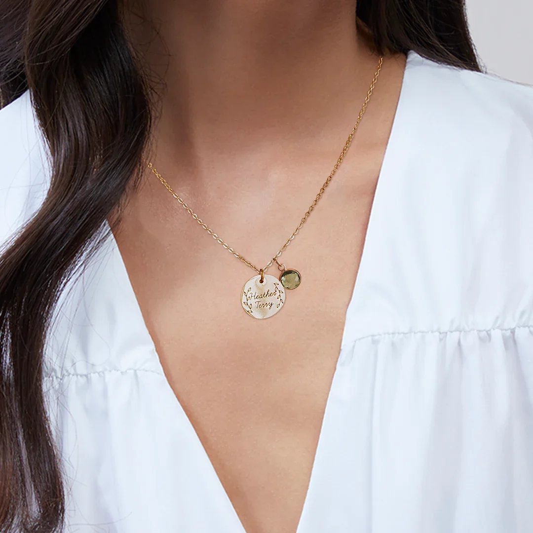 Laser Engraved Leaves Custom Name Birthstone Necklace Personalized Stainless Steel Ladies Everyday Pendant Birthday Gift For Her