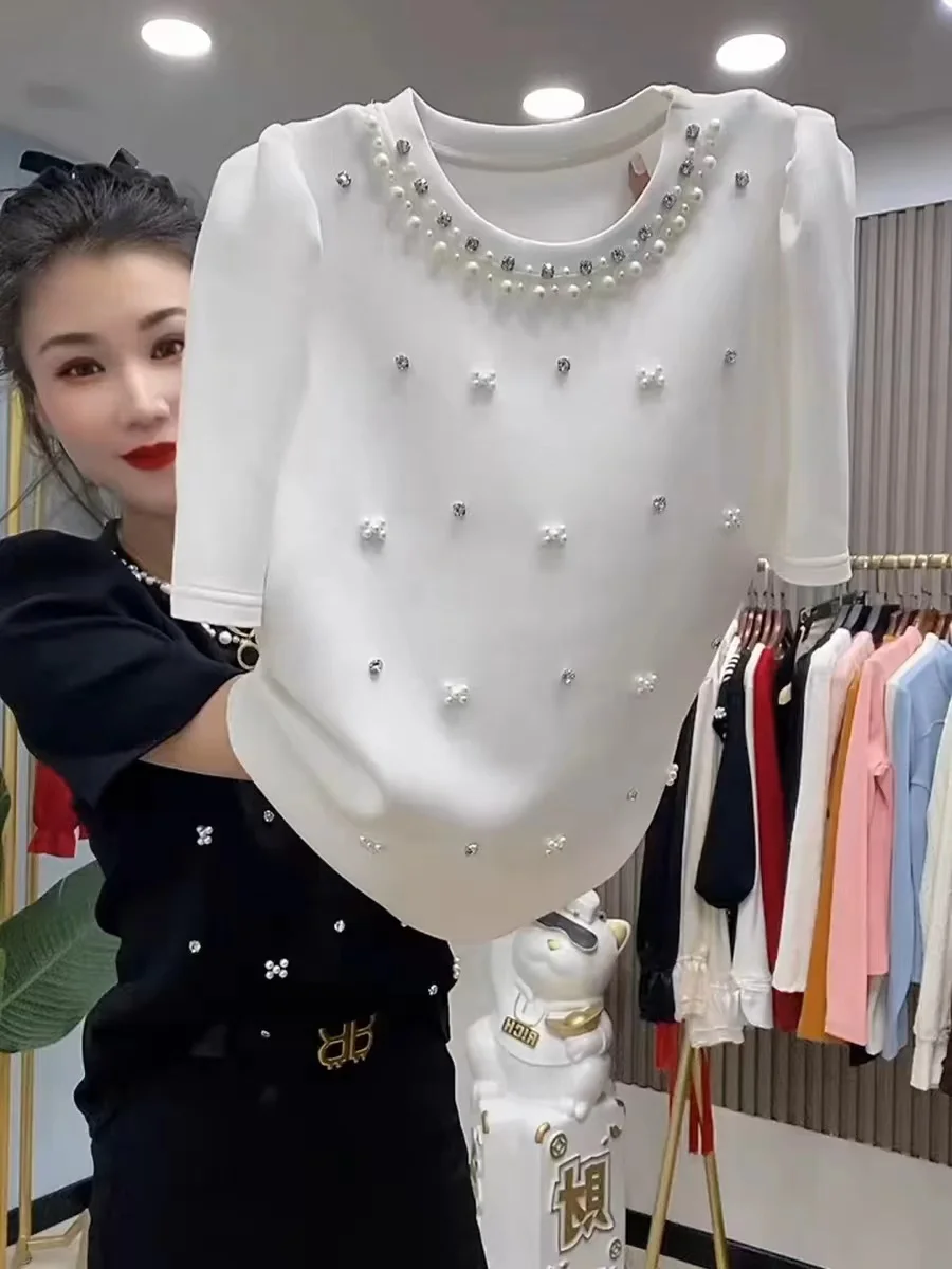 2024 Summer Peals Diamonds Beading Short Sleeve Sweater Women Knit T-shirt Sweet Fashion O-neck Black White Tees Ladies Tops Y2k