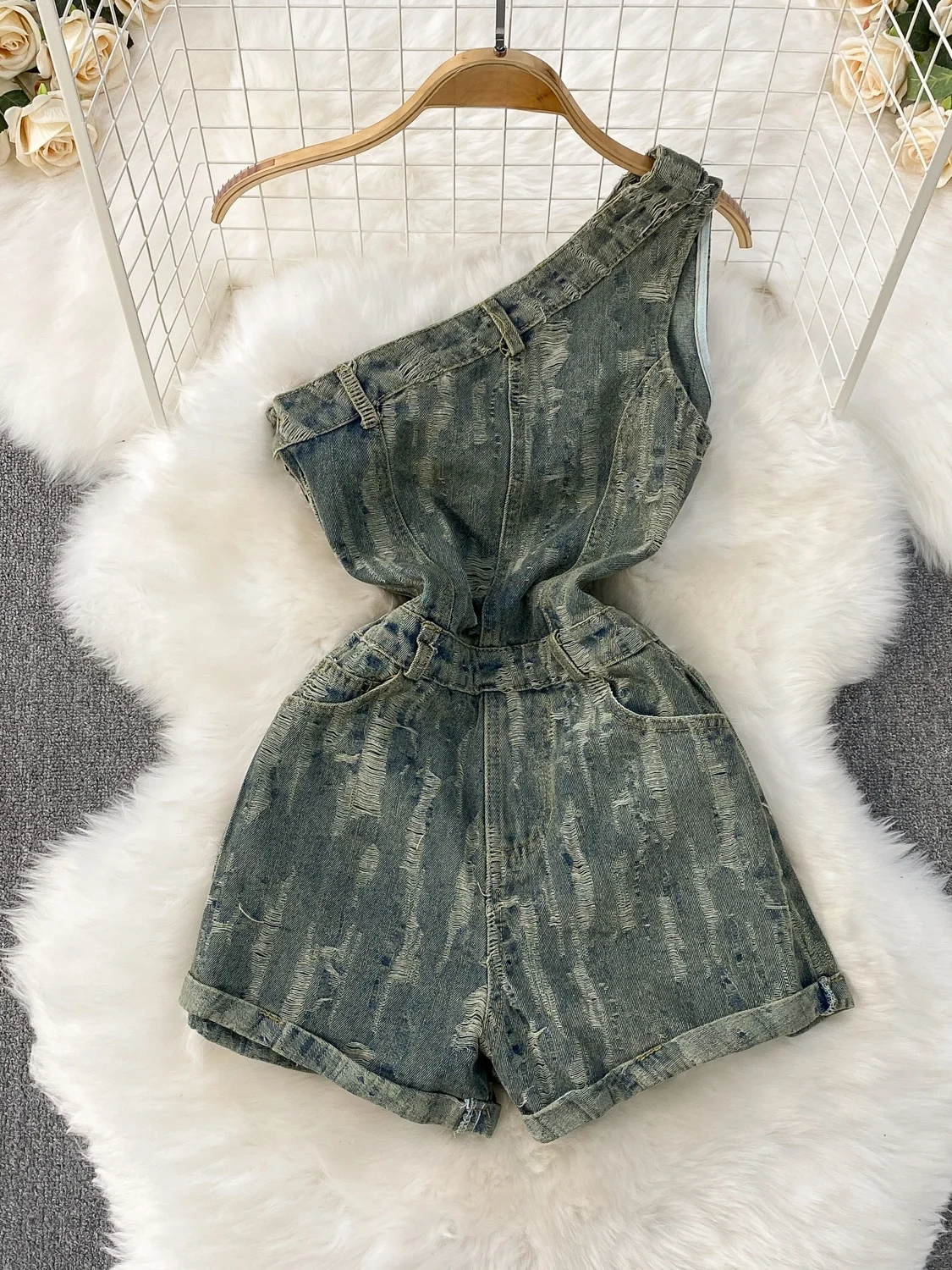 

American Sle Spicy Girl oulder Bared Pantsuit Women's High Waist ort Wide Leg Pants Hand Waed Design Summer New