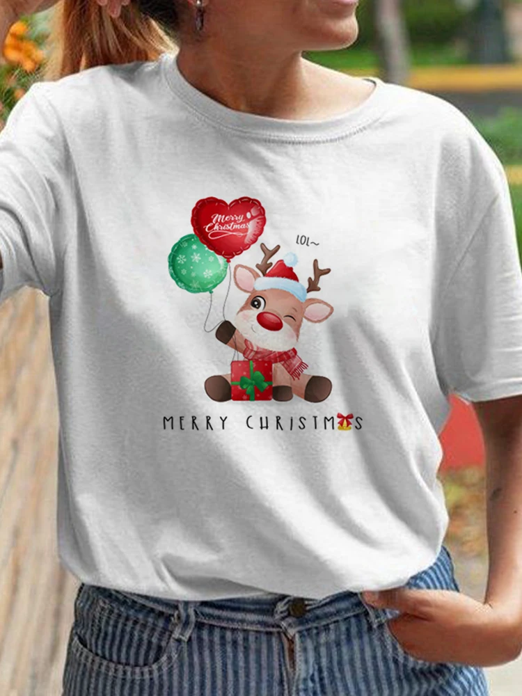 

Trend Print 90s Cute Style 90s Merry ChristmasWomen Top Snowman Print Women Gift New Year Print Short Sleeve Vacation