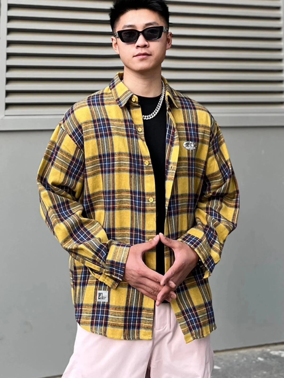 

yellow Plaid Long Sve Мужская верхняя одежда irt American Sle Cleanfit для пар на осенний сезон