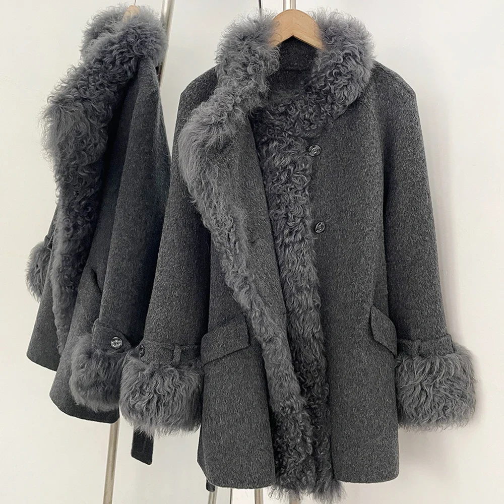 OFTBUY Neue Winter-Wollkleidung für Damen, Mittellanger Mantel mit Gürtel, 100% Wolle, Vollkurviger Kragen aus mongolischem Schaffell, Oberbekleidung für Frauen – Detail 8