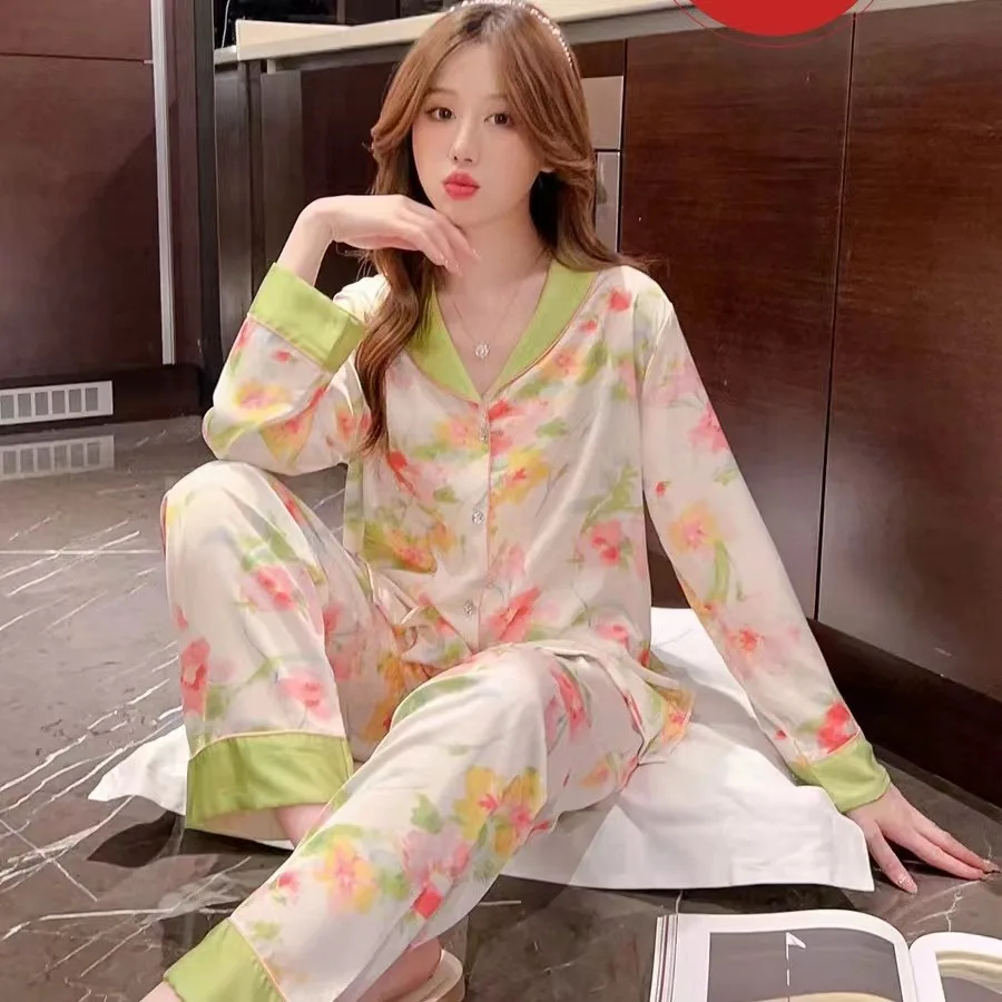 New Ladies Summer Silk Pajamas Female Spring And Autumn Thin Section Long-Sleeved Fashion Garden Lovely Sweet Wind Homewear Summ