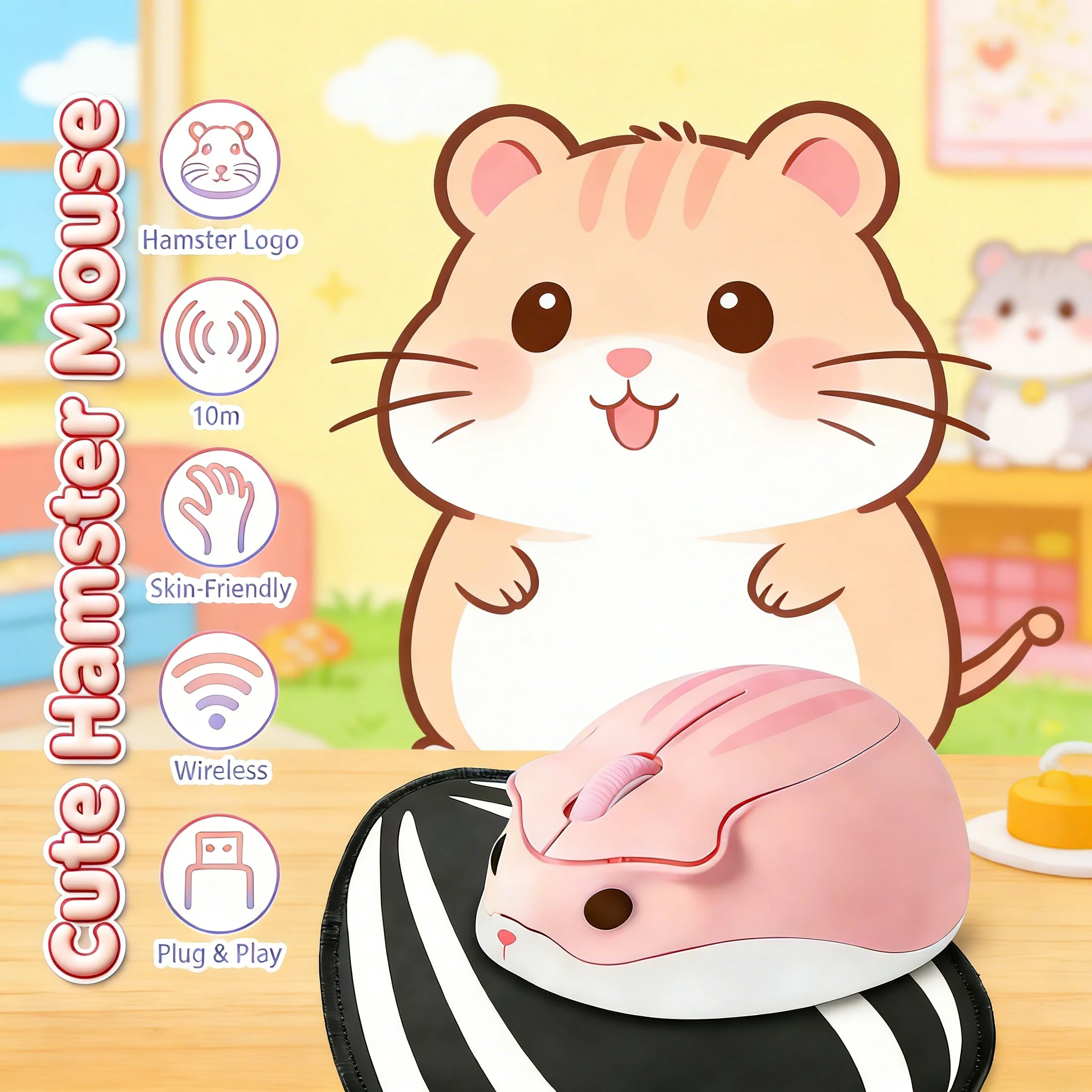 Cute Wireless Mouse Ergonomic Cartoon Hamster Mause USB Optical Gaming 3D Silent Mini Mice For PC Laptop Tablet Computer Office