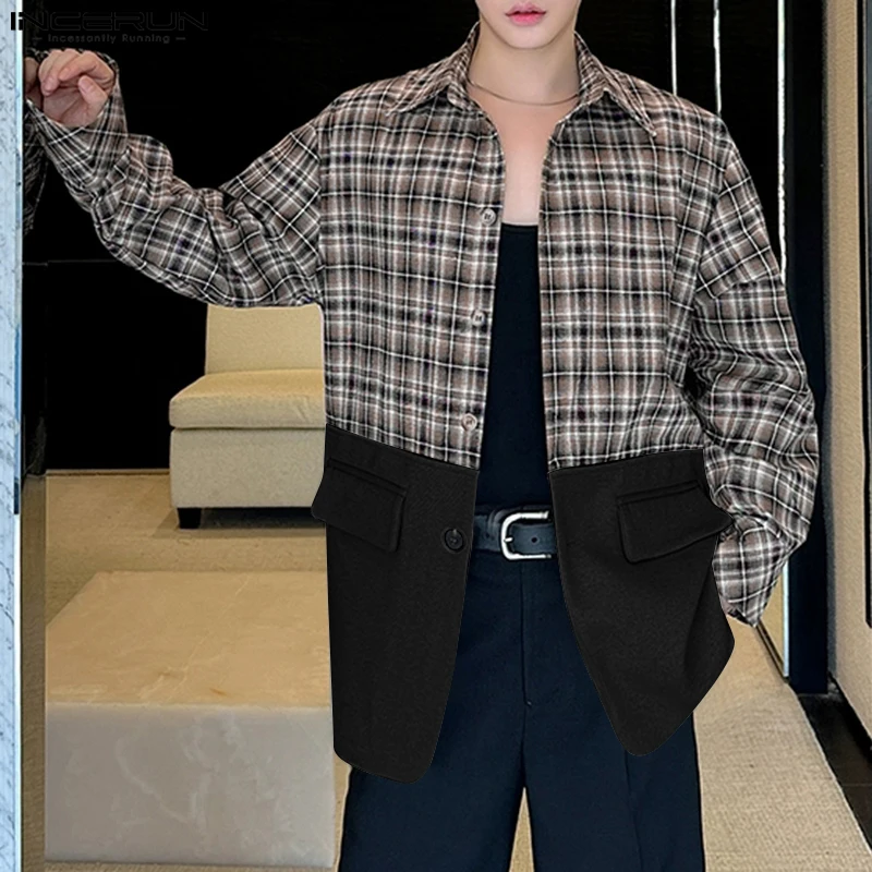 INCERUN Tops 2024 Korean Style Fashion Men's Plaid Splicing Design Suit Coats Casual Simple Male Loose Long Sleeved Blazer S-5XL