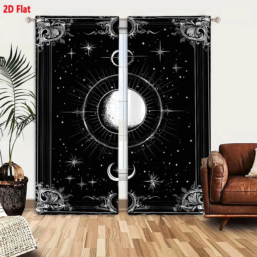 2Pcs Curtains 2D Flat Vintage Occult Moon Illustration With Ornate Frame And Starry Sky Window Drapes for Bedroom Room Decor Dec