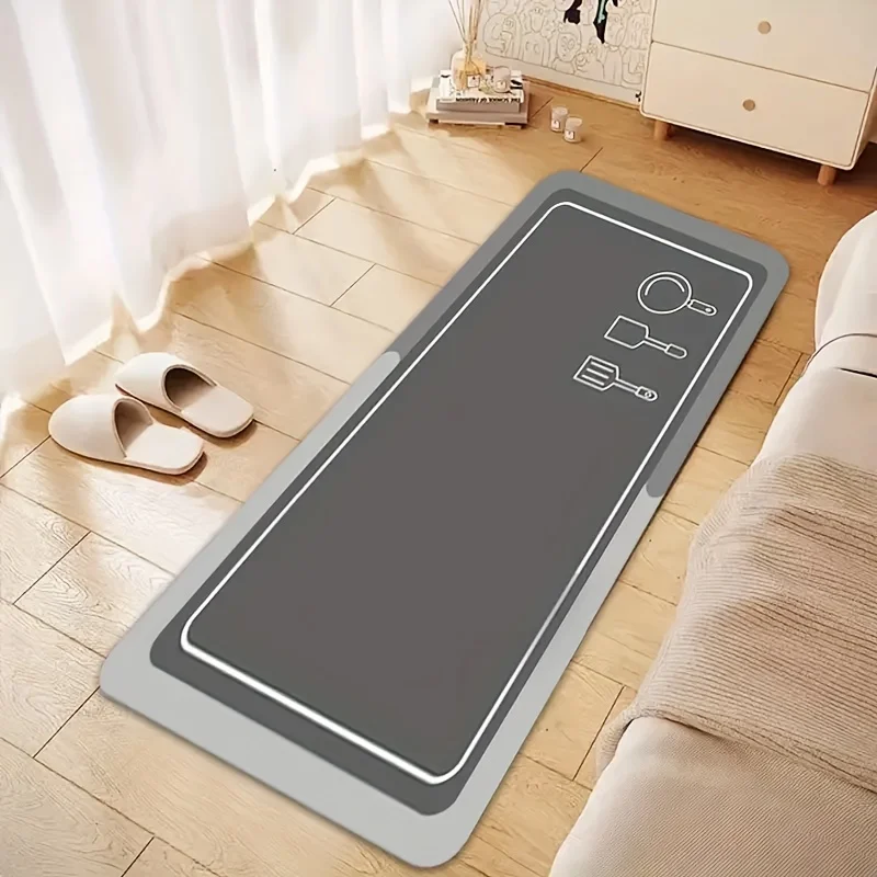 Modern Minimalist Gray Kitchen Rug, Non-Slip Rubber Long Mat with Utensil Silhouette, Decor Mat for Bathroom, Hallway, Washroom
