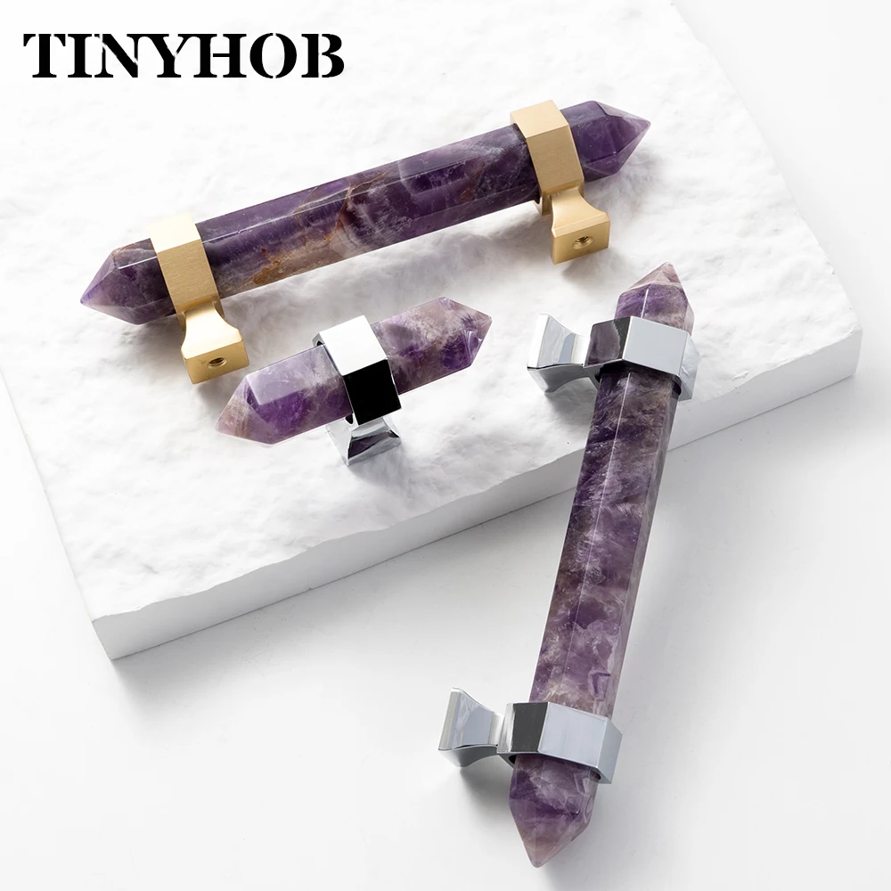 Crystal Cabinet Handles Amethyst / Synthetic Malachite Drawer Pulls with Brass Bases for Kitchen Bedroom Furniture Decoration
