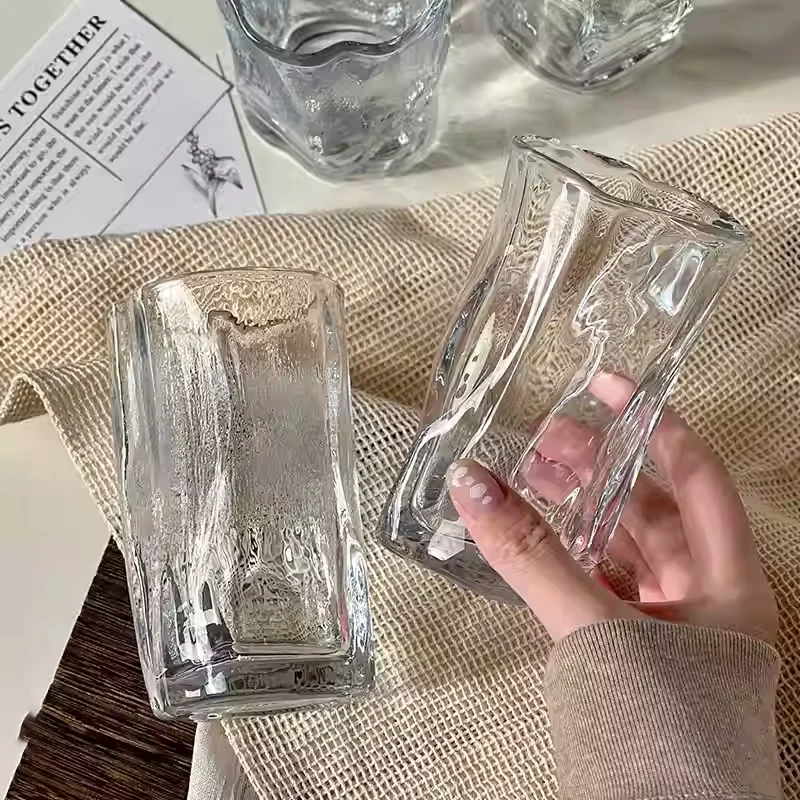 Irregularly Pleated Glass Coffee Cups Transparent Juice Drink Water Cup Simple Household Drinkware 275ml