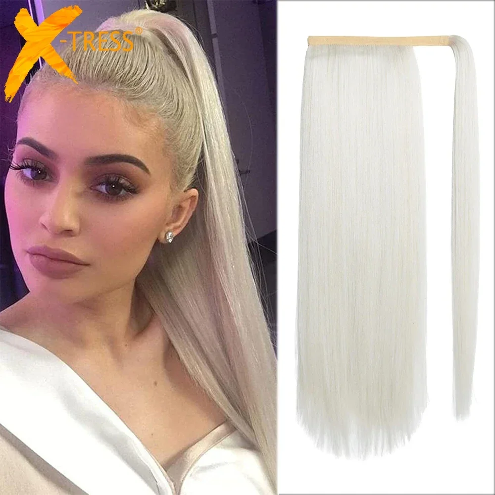 

PLATINUM ICE Color Synthetic Clip in Ponytail Extension Wrap Around Long Straight Pony Tail Hairpiece Heat Resistant Magic Paste