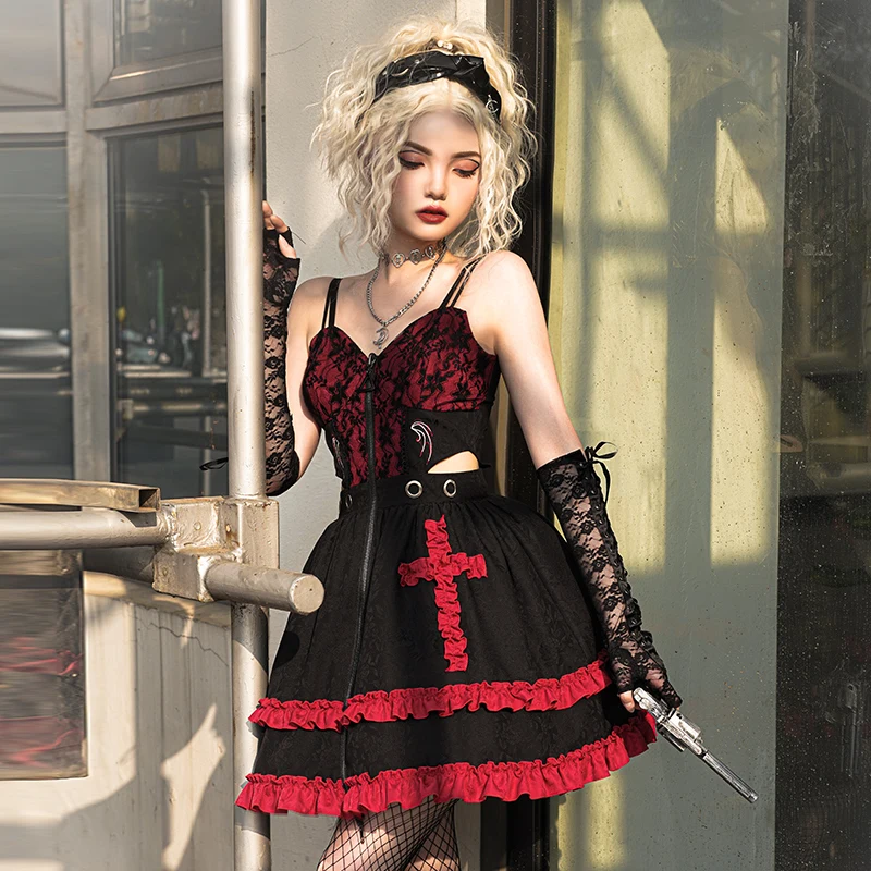 Lolita Black and Red Color Matching Dark Front Zipper with Chest Pad Short Skirt for Women