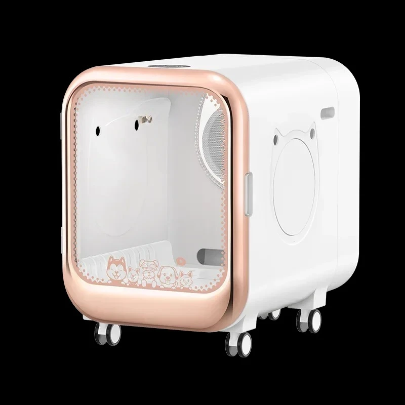 

Tempered Glass Automatic Pet Dryer Box Dog Collecting Hair with Metal Mesh 5 Universal Wheels Pet Hair Dryer Box