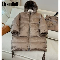 10.11 KlasonBell Women's 2024 Autumn Winter New Hooded Goose Down Keep Warm Jacket Side Split Button Lace-up Mid-Length Coat